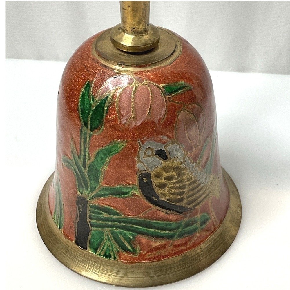 Vintage Brass Cloisonne Style Decorative Enamel Bird Hand Bell 7 In